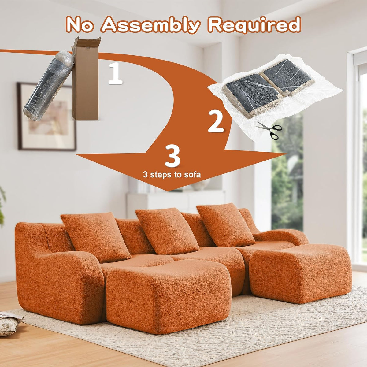 Modular Sectional Sofa for Living Room, 115.3" U-Shaped Orange Boneless Cloud Couch with 2 Ottoman, 3-Seat Teddy Fabric Sofa Deep Seat Curved Armrest,Streamlined Ergonomic Design