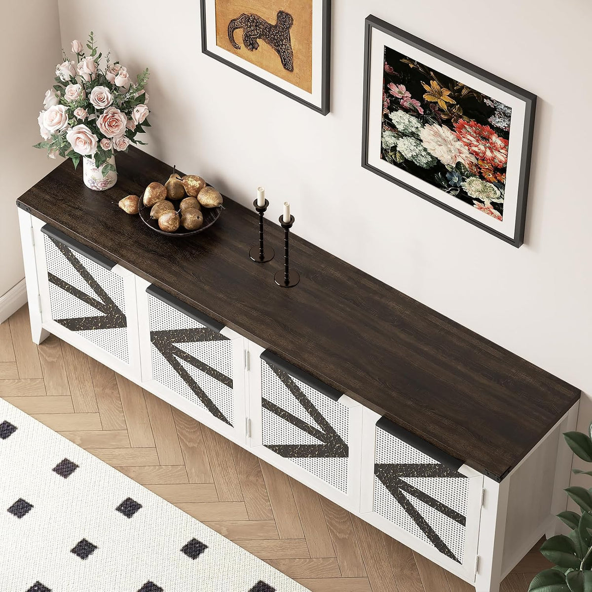 70 Inch Farmhouse TV Stand for 75 Inch TV, Rustic Entertainment Center with 4 Doors, Wood Media Console Cabinet with Storage, Living Room TV Cabinet