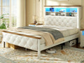 Farmhouse Full Bed Frame with 51" Tall Headboard, Upholstered Full Size Bed Frame with Storage, Charging Station and LED Light, Heavy Duty Wooden Slats, No Box Spring Needed，White