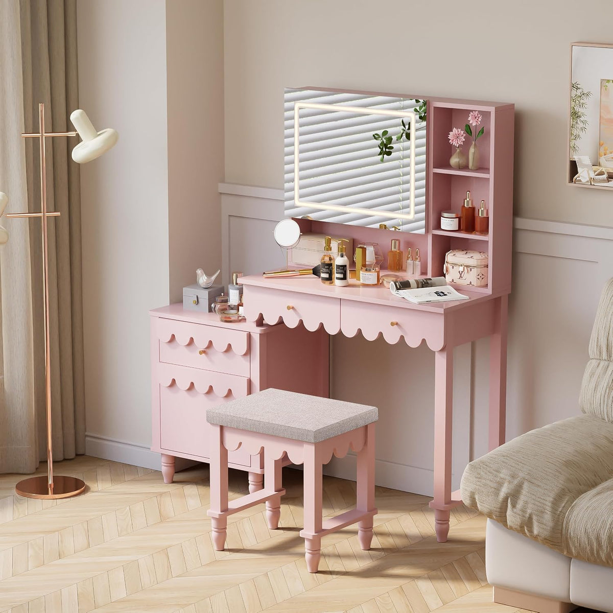 Pink Makeup Vanity Desk With 3 Color Touch Screen Lighted Sliding Mirror, Scalloped Large Vanity Table Set with Storage & Drawers Fluted Petal Pattern Dressing Table with Cushioned Stool for Bedroom