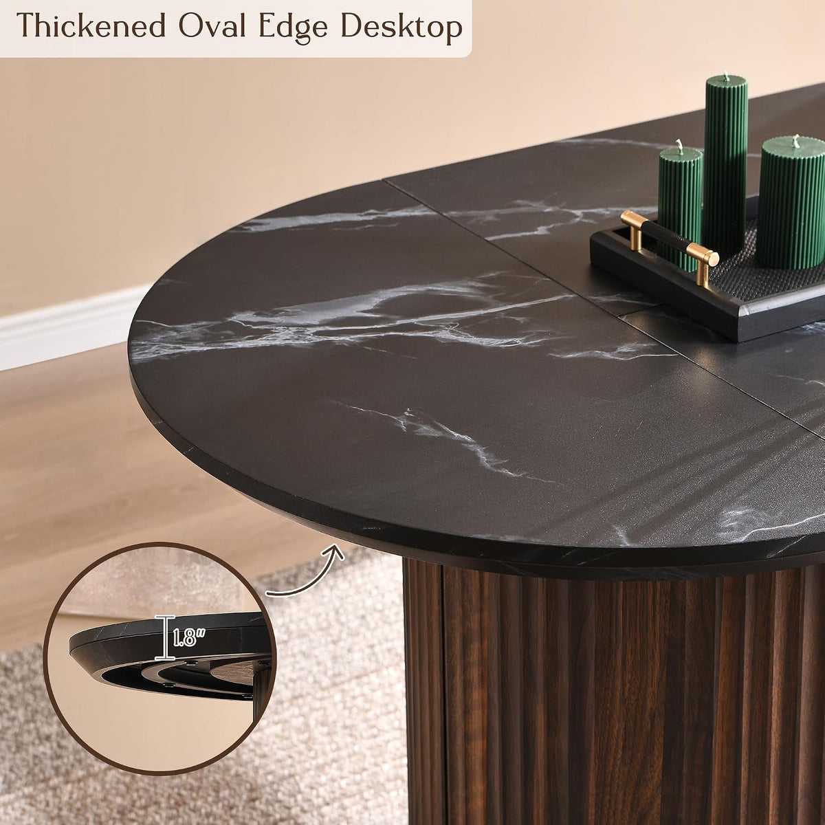 Fluted 63" Oval Dining Table for Kitchen Living Room, Walnut&Black