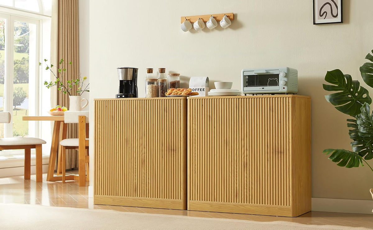 31.5" Fluted Buffet Cabinet Sideboard with Storage, Large Credenza with 2 Doors, Adjustable Shelf, Wood Mid Century Modern Sideboard for Kitchen and Living Room, Natural