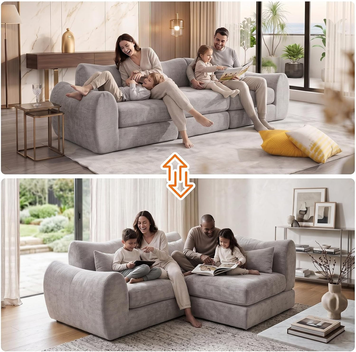 102" Modular Sectional Boneless Couch, Convertible Cloud Sofa Bed with Upholstered Deep Seat, Soft Deep Lounger for Living Room Playroom (Grey)