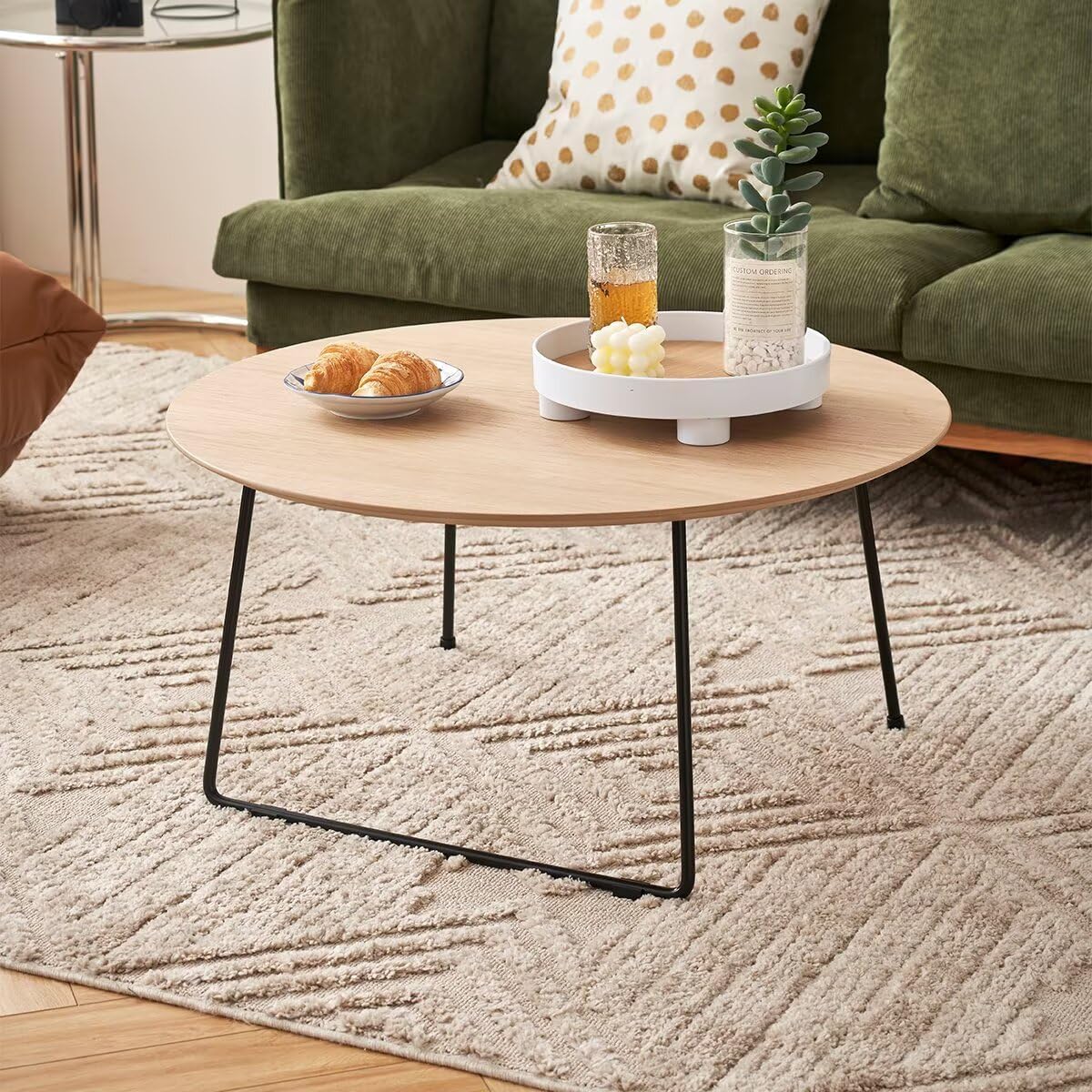 Round Wood Top Coffee Table with Black Metal Hairpin Legs, Minimalist Modern Cocktail Side Table, Small Space Living Room Accent Center Table