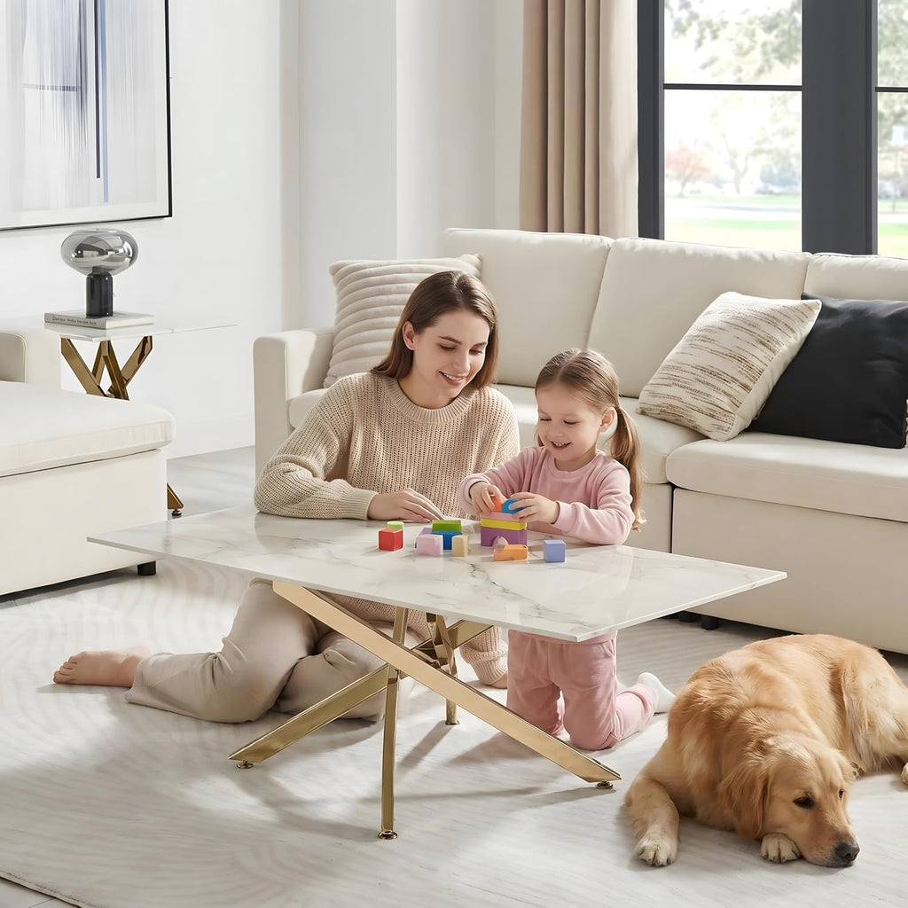 Modern Coffee Table with Marble Grain Top，White Coffee Tables with Gold Legs,Living Room Rectangular Glass Center Tables