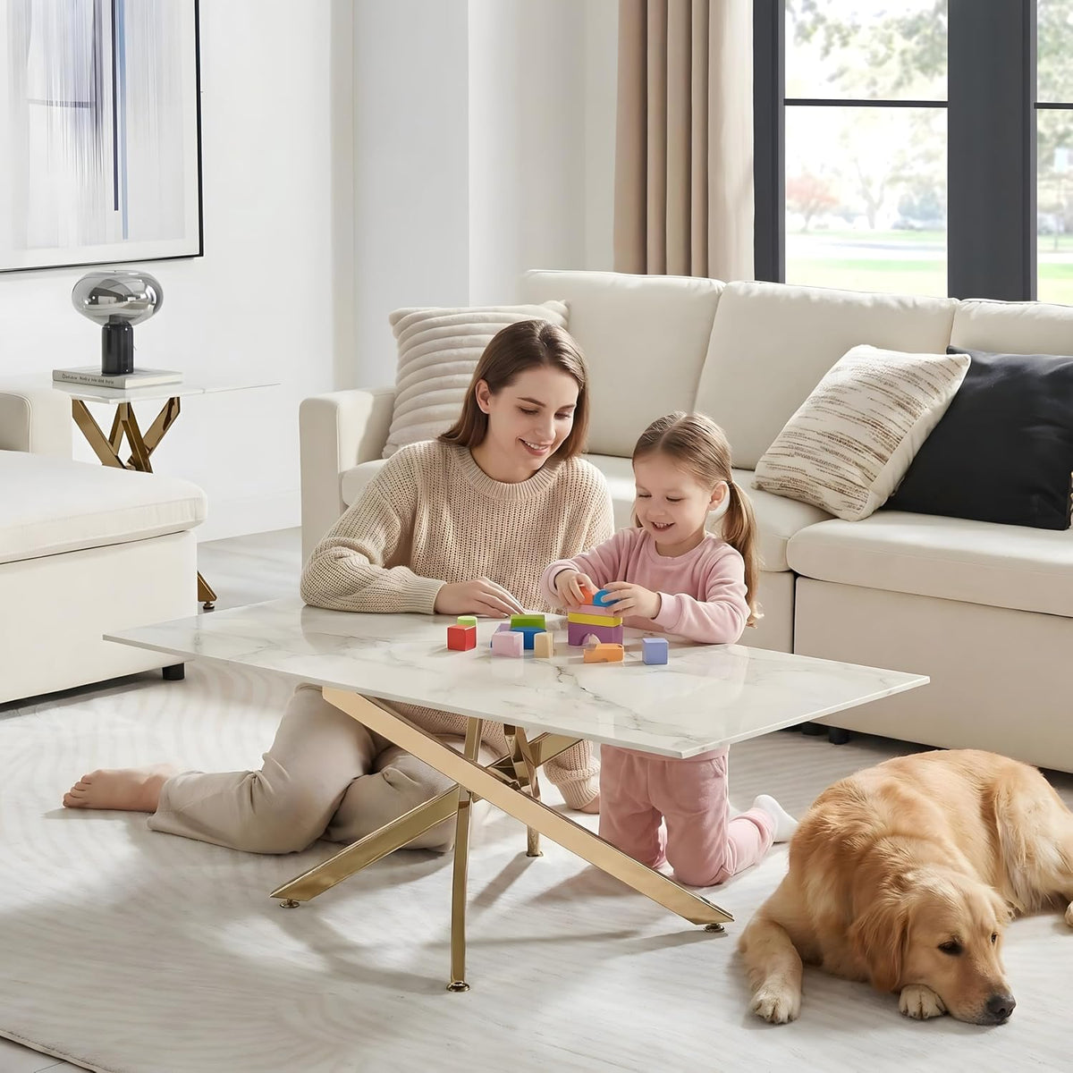 Modern Coffee Table with Marble Grain Top，White Coffee Tables with Gold Legs,Living Room Rectangular Glass Center Tables