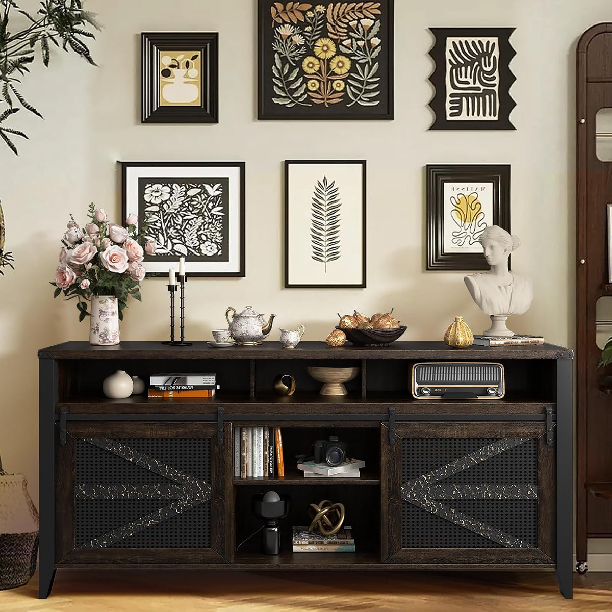 70 Inch TV Stand for TVs up to 70", Rustic Farmhouse Media Console with Sliding Barn Doors, 6 Drawers, Entertainment Center for Living Room