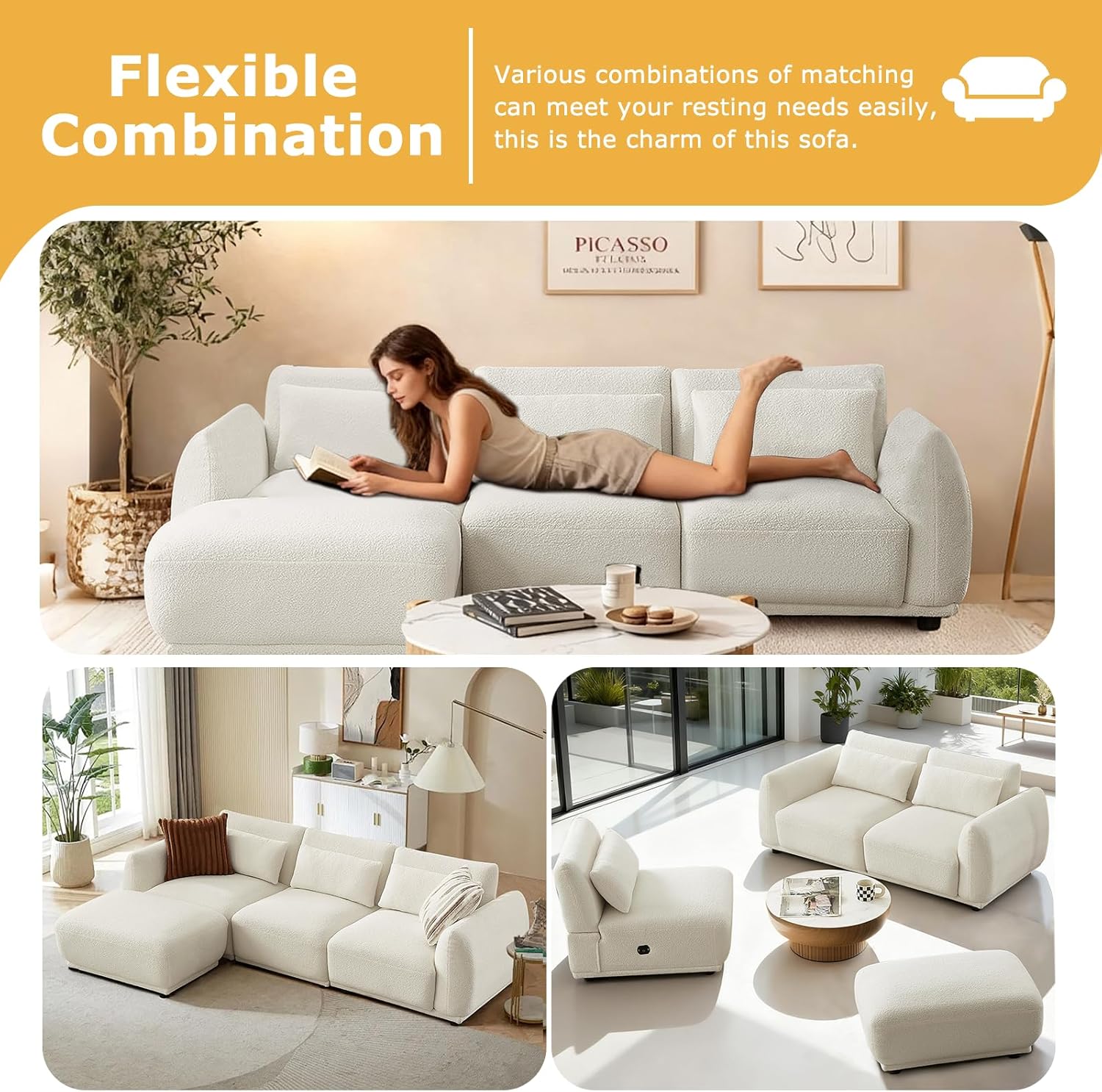 Boucle Sectional Couches for Living Room, L Shape Sofa with Removable Ottoman