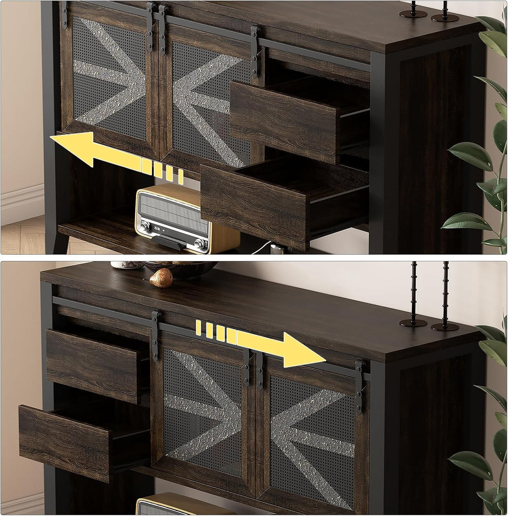 47.2" Farmhouse Console Table with Storage Drawers & Sliding Barn Doors, Hidden Compartment Narrow Rectangle Sofa Table Rustic Entryway Table for Living Room, Hallway, Behind Sofa
