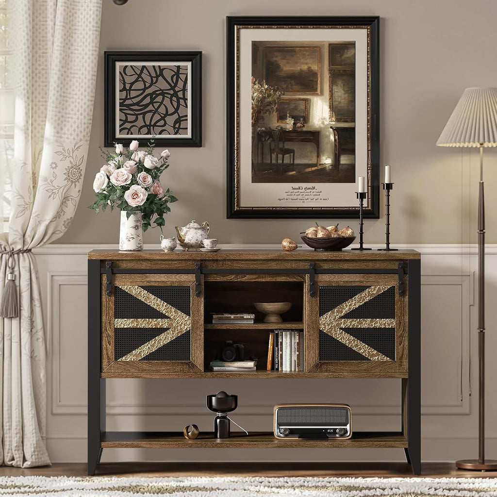 47.2" Farmhouse Console Table with Storage Drawers & Sliding Barn Doors, Hidden Compartment Narrow Rectangle Sofa Table Rustic Entryway Table for Living Room, Hallway, Behind Sofa