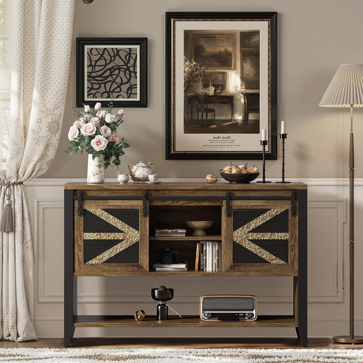 47.2" Farmhouse Console Table with Storage Drawers & Sliding Barn Doors, Hidden Compartment Narrow Rectangle Sofa Table Rustic Entryway Table for Living Room, Hallway, Behind Sofa