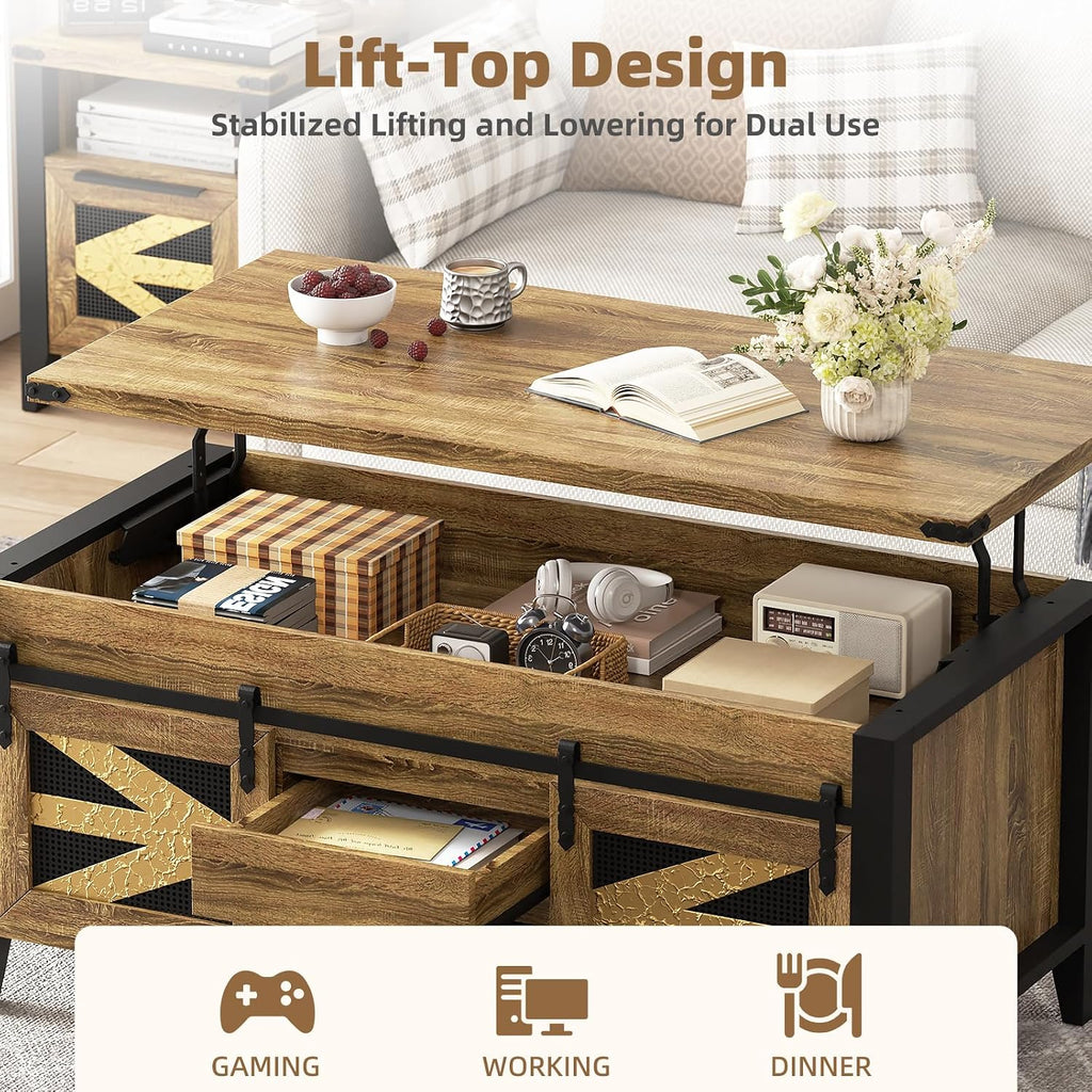 47.2" Lift Top Coffee Table with Hidden Compartment, Storage Drawers & Sliding Barn Doors, Farmhouse Rectangle Coffee Table for Living Room, Rustic Oak