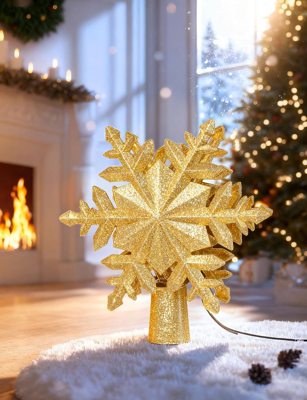 Direct Christmas Tree Topper with Rotating Snowflake Projector, Gold