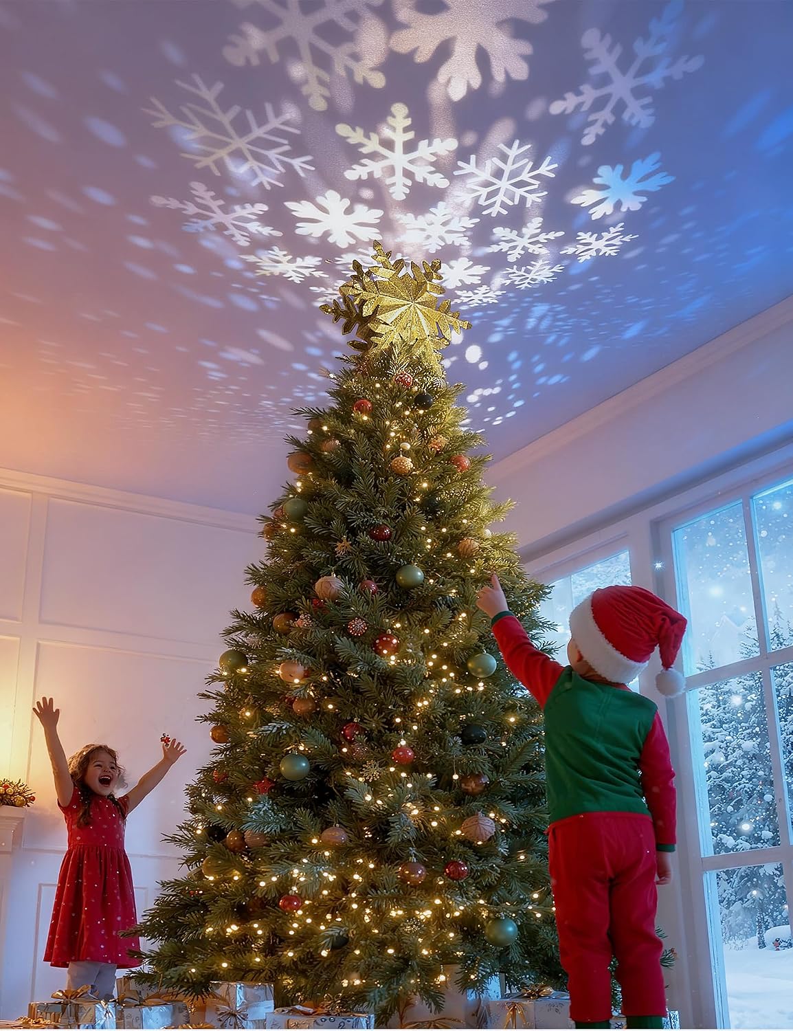 Direct Christmas Tree Topper with Rotating Snowflake Projector, Gold