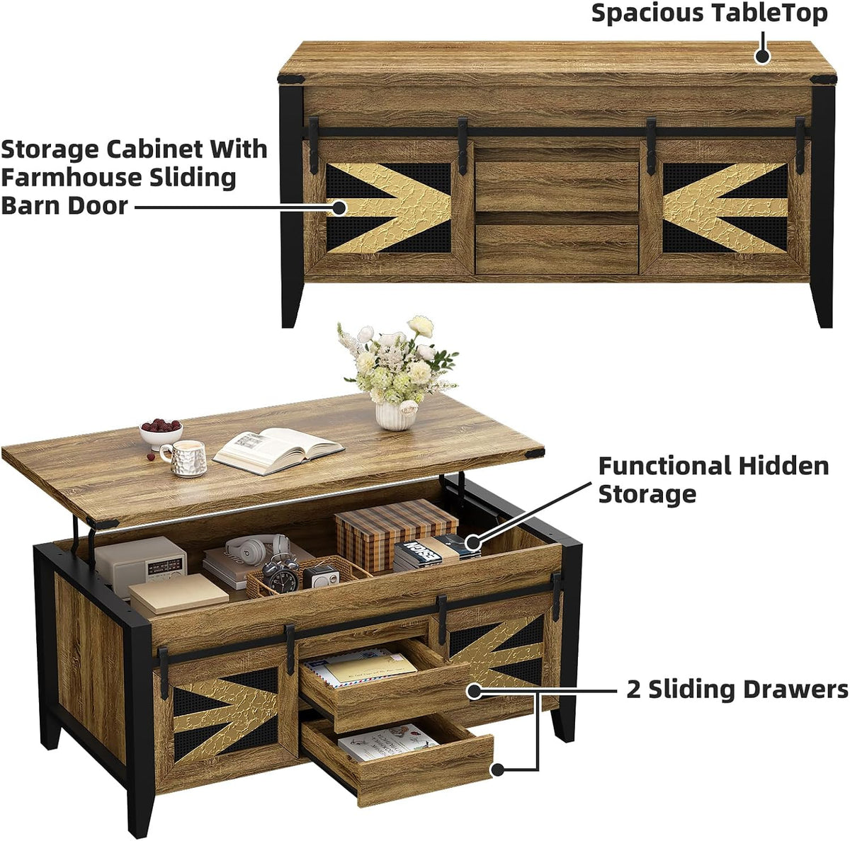 47.2" Lift Top Coffee Table with Hidden Compartment, Storage Drawers & Sliding Barn Doors, Farmhouse Rectangle Coffee Table for Living Room, Rustic Oak