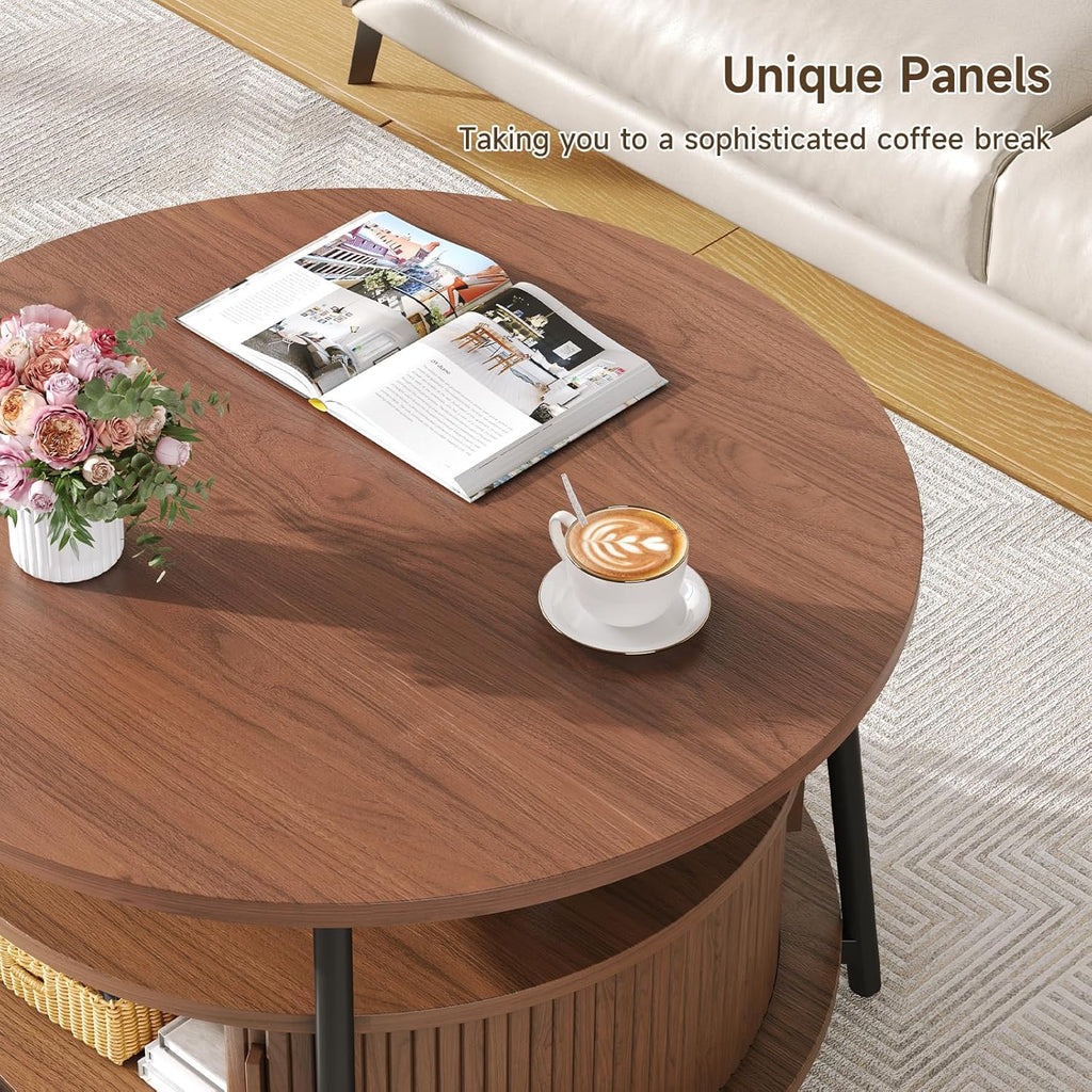 31.5 Inch Round Coffee Table with Storage, Fluted Coffee Tables with 2 Tiers