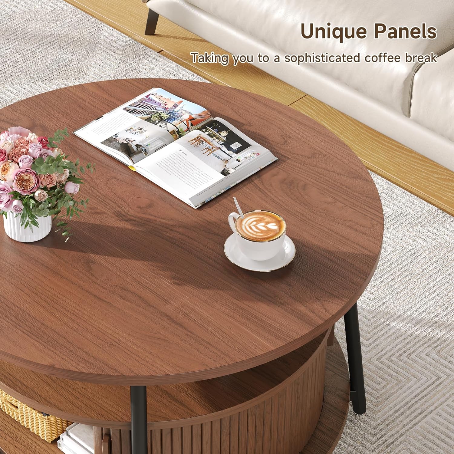 31.5 Inch Round Coffee Table with Storage, Fluted Coffee Tables with 2 Tiers