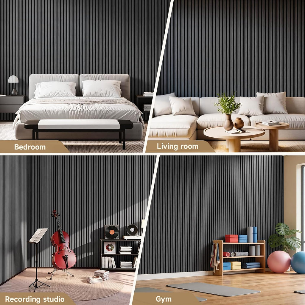 Soundproof Wood Slat Wall Panels, 4 Pack 94.5" x 7.9", Black