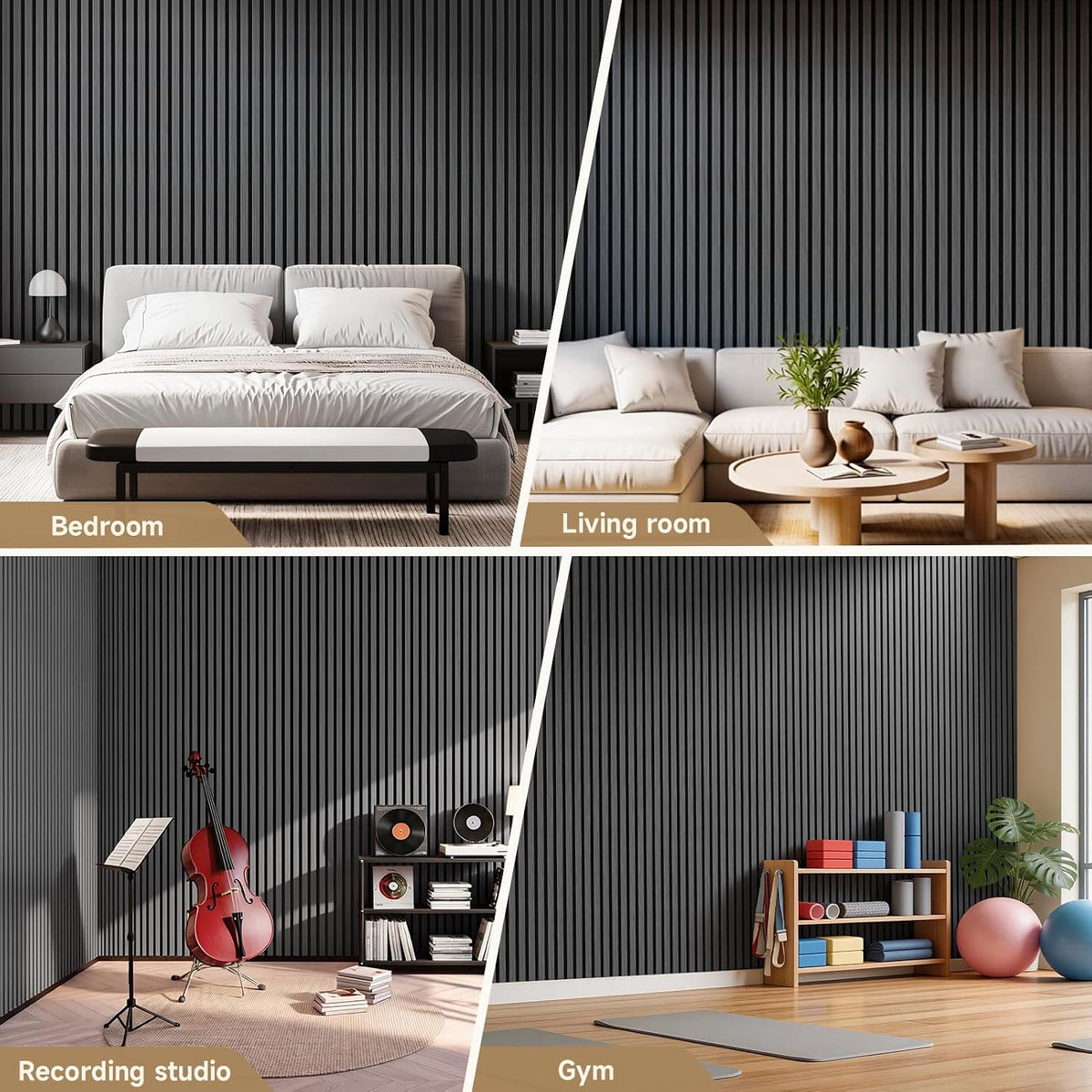 Soundproof Wood Slat Wall Panels, 4 Pack 94.5" x 7.9", Black