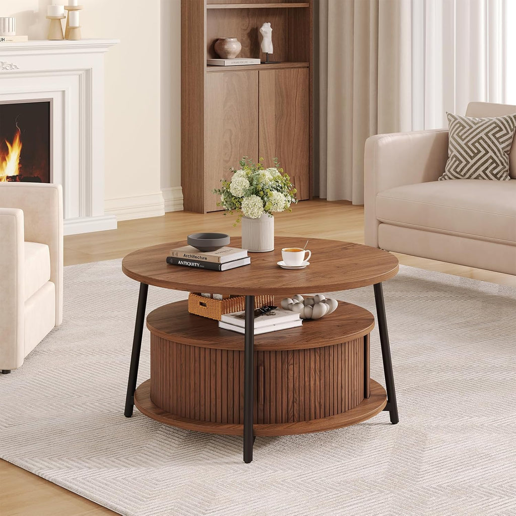 31.5 Inch Round Coffee Table with Storage, Fluted Coffee Tables with 2 Tiers