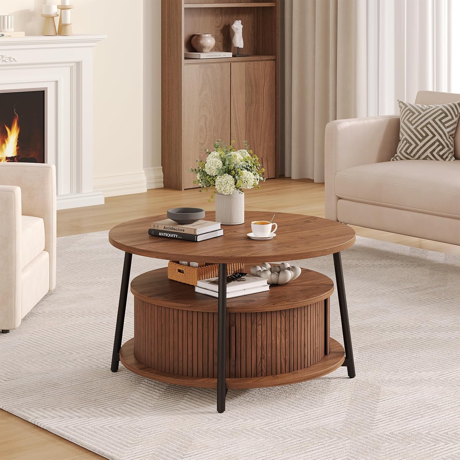 31.5 Inch Round Coffee Table with Storage, Fluted Coffee Tables with 2 Tiers