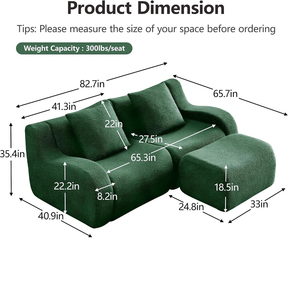 L-Shaped 2-Seat Boneless Sofa, Soft Teddy Fabric Couch, 32D High-Density Sponge, Ergonomic Curved Armrest, Non-Slip Base, No Assembly for Living Room or Bedroom, Green
