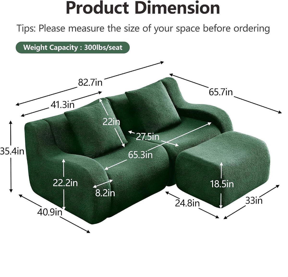 L-Shaped 2-Seat Boneless Sofa, Soft Teddy Fabric Couch, 32D High-Density Sponge, Ergonomic Curved Armrest, Non-Slip Base, No Assembly for Living Room or Bedroom, Green