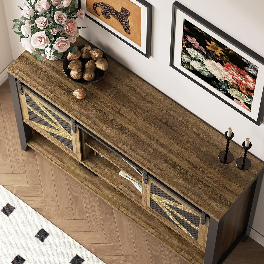 47.2" Farmhouse Console Table with Storage Drawers & Sliding Barn Doors, Hidden Compartment Narrow Rectangle Sofa Table Rustic Entryway Table for Living Room, Hallway, Behind Sofa