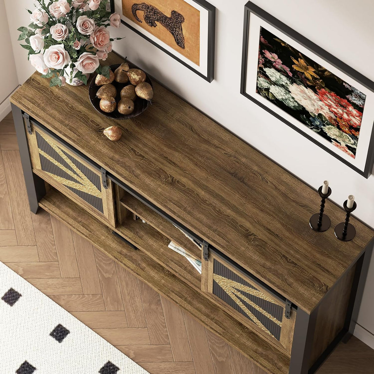 47.2" Farmhouse Console Table with Storage Drawers & Sliding Barn Doors, Hidden Compartment Narrow Rectangle Sofa Table Rustic Entryway Table for Living Room, Hallway, Behind Sofa