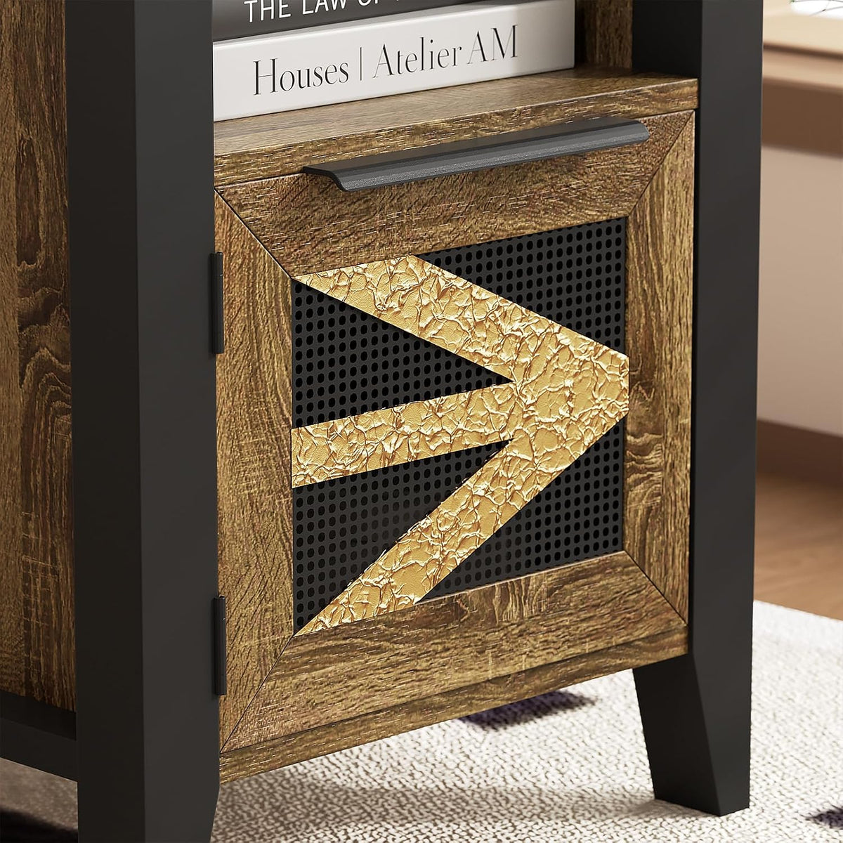 Farmhouse End Table with Charging Station, 18.1" Narrow Side Table for Living Room, Sofa End Table with Storage Cabinet & Open Shelf, Nightstand with 2 USB Ports and 2 AC Outlets