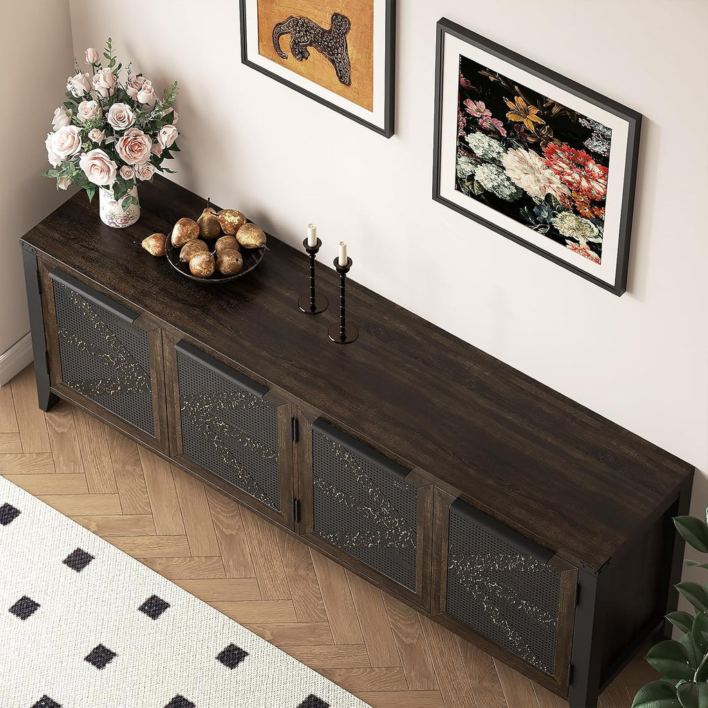 70 Inch Farmhouse TV Stand for 75 Inch TV, Rustic Entertainment Center with 4 Doors, Wood Media Console Cabinet with Storage, Living Room