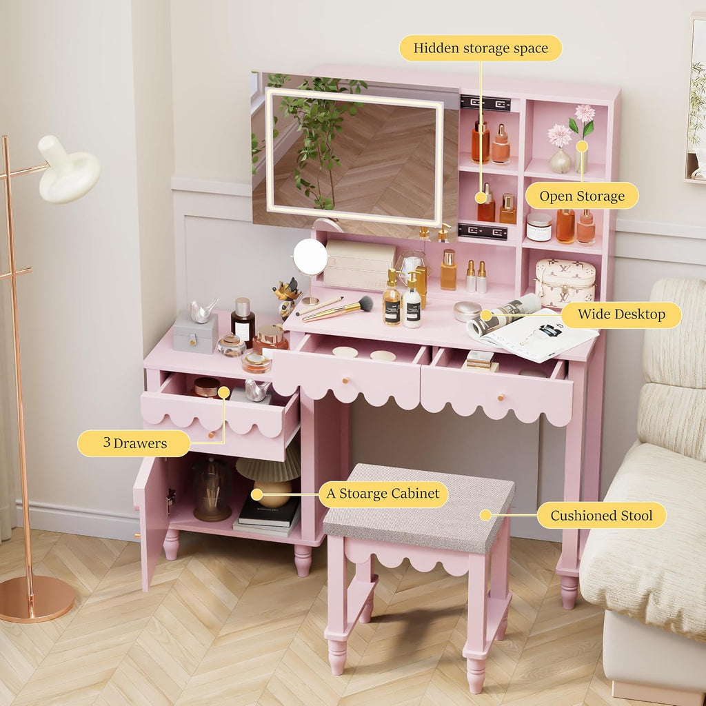 Pink Makeup Vanity Desk With 3 Color Touch Screen Lighted Sliding Mirror, Scalloped Large Vanity Table Set with Storage & Drawers Fluted Petal Pattern Dressing Table with Cushioned Stool for Bedroom