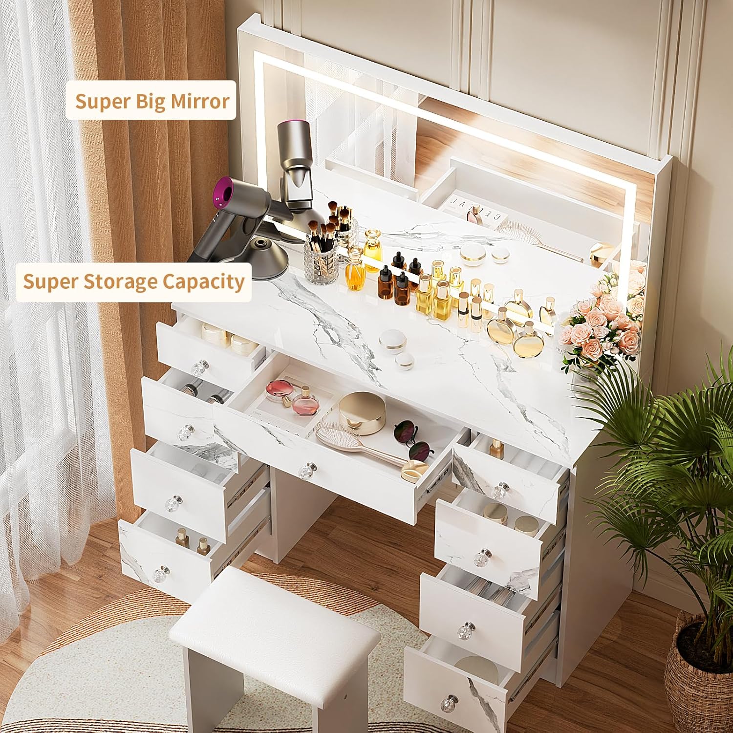 VOWNER Vanity with Lighted Mirror - Makeup Vanity Desk(MARBLE)