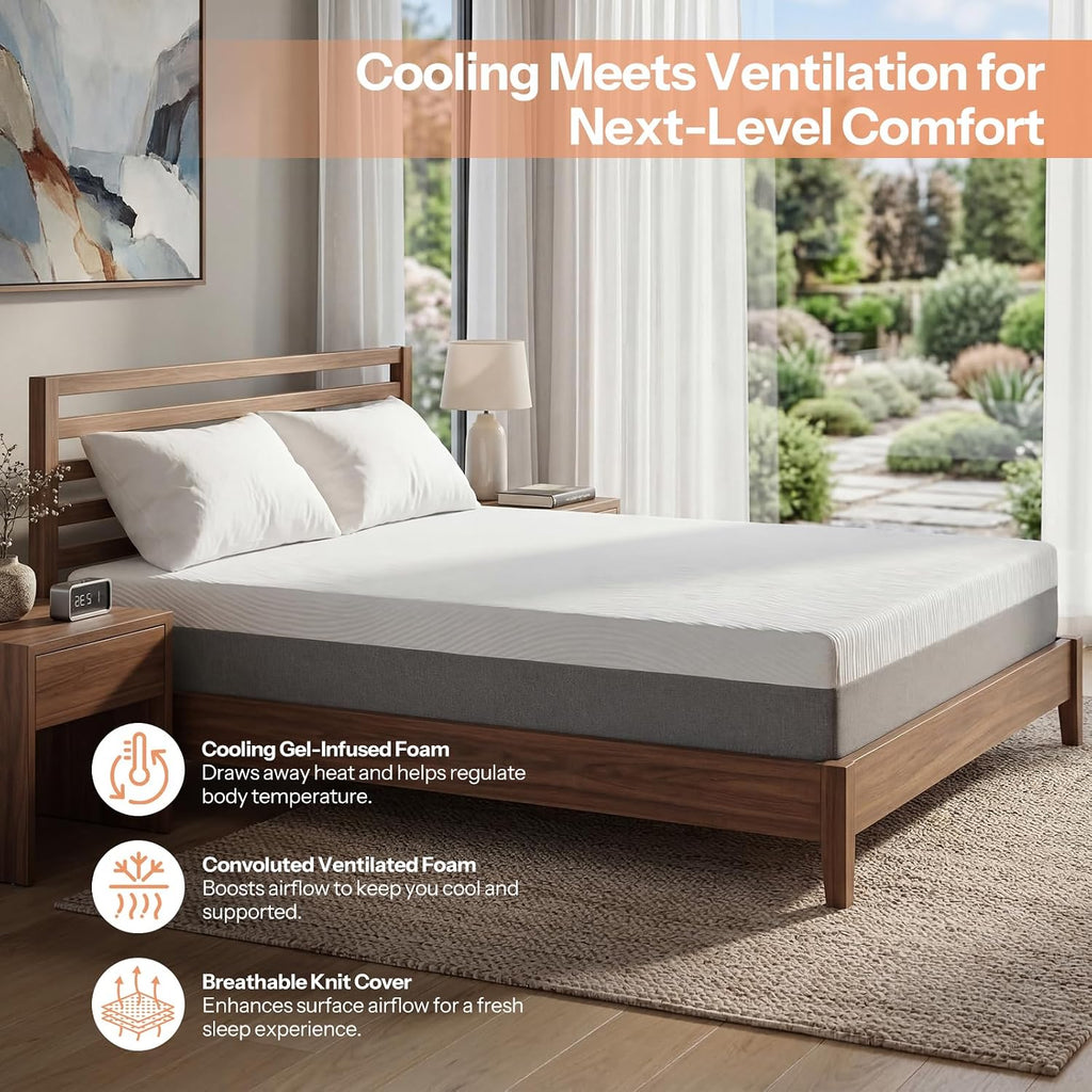 10 Inch Queen Mattress, Cooling Gel Memory Foam Mattress Queen Size for Back Pain, Motion Isolation , Pressure Relief, Fiberglass Free, CertiPUR-US Certified, Medium Firm Mattress in a Box