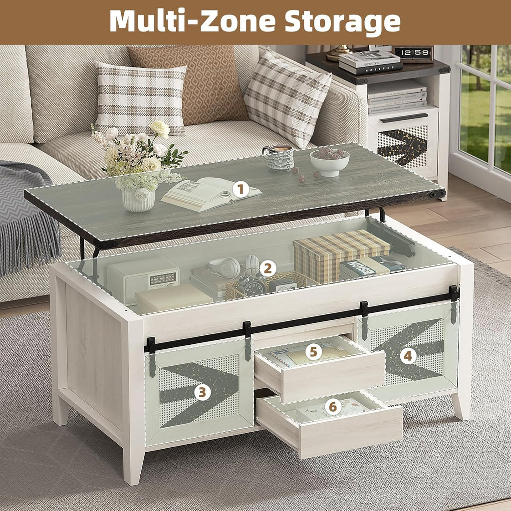 47.2" Lift Top Coffee Table with Hidden Compartment, Storage Drawers & Sliding Barn Doors, Farmhouse Rectangle Coffee Table for Living Room, Rustic Brown & White