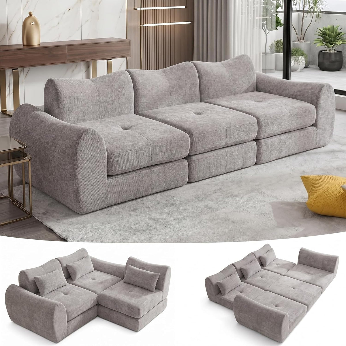 102" Modular Sectional Boneless Couch, Convertible Cloud Sofa Bed with Upholstered Deep Seat, Soft Deep Lounger for Living Room Playroom (Grey)