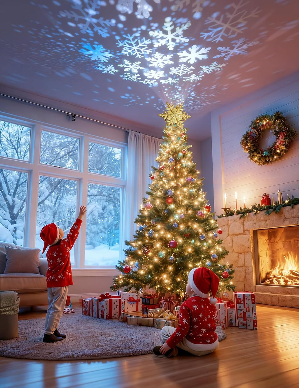 Direct Christmas Tree Topper with Rotating Snowflake Projector, Gold