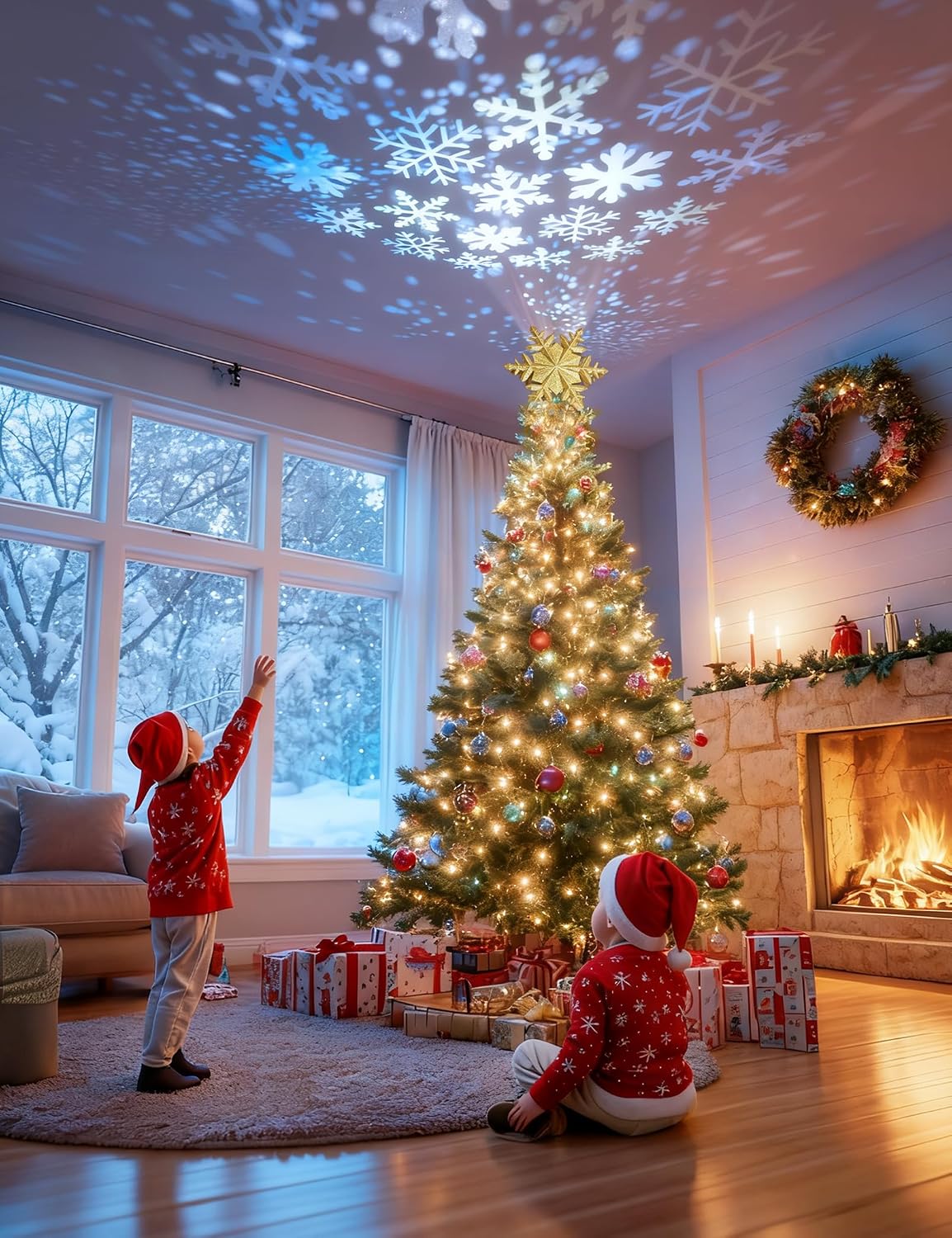 Direct Christmas Tree Topper with Rotating Snowflake Projector, Gold
