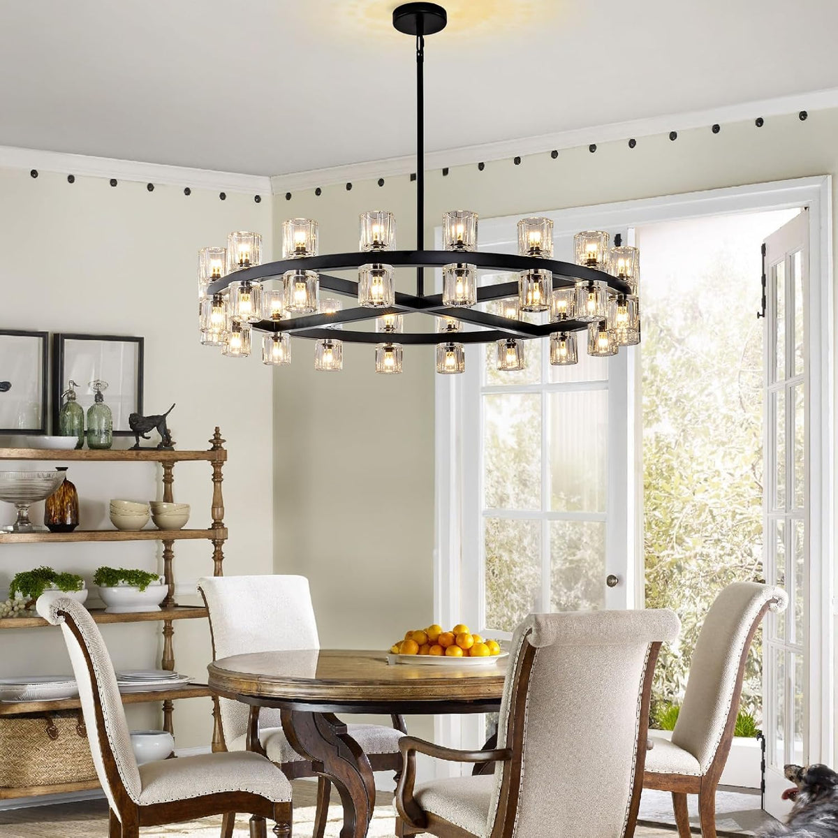 36 Inch Black Wagon Wheel Chandelier with Crystal Shade, 36 Lights, Large Round Modern Farmhouse Style, Perfect for Living Room, Dining Room, Bedroom, Foyer, Bathroom