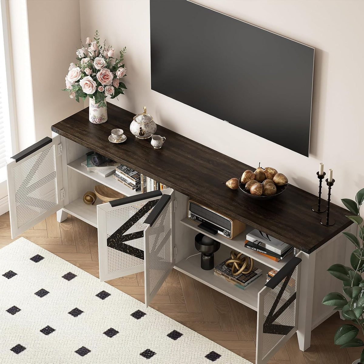 70 Inch Farmhouse TV Stand for 75 Inch TV, Rustic Entertainment Center with 4 Doors, Wood Media Console Cabinet with Storage, Living Room TV Cabinet