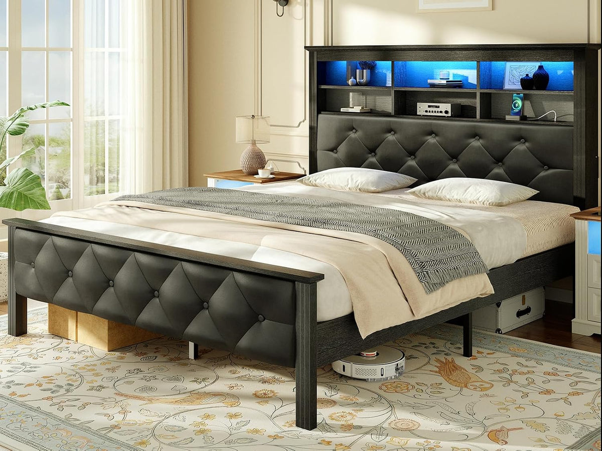 Farmhouse Queen Bed Frame with 51" Tall Headboard, Upholstered Queen Size Bed Frame with Storage, Charging Station and LED Light, Heavy Duty Wooden Slats, No Box Spring Needed，Black