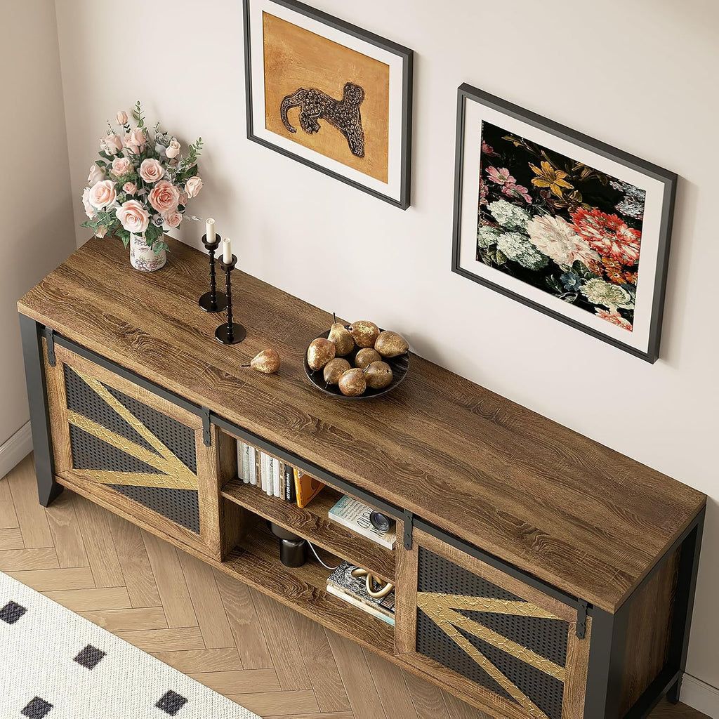60 Inch TV Stand for TVs up to 65", Rustic Farmhouse Media Console with Sliding Barn Doors, 6 Drawers, Entertainment Center for Living Room
