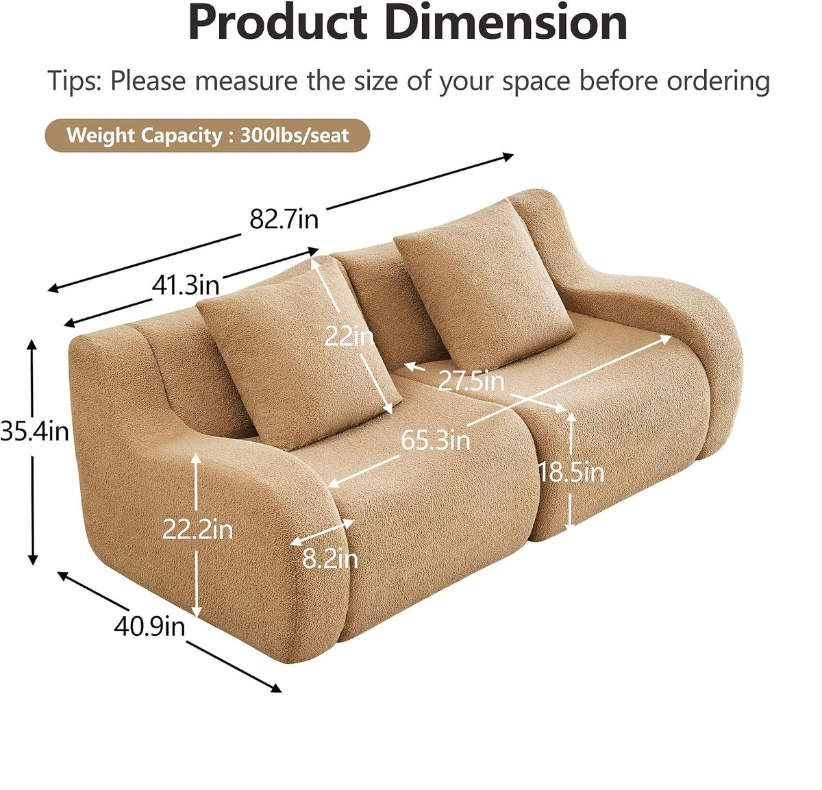 Soft Teddy Fabric Boneless Sofa Fluffy Comfortable Couch 32D High-Density Sponge Streamlined Design Non-Slip Base No Assembly for Living Room or Bedroom, Camel