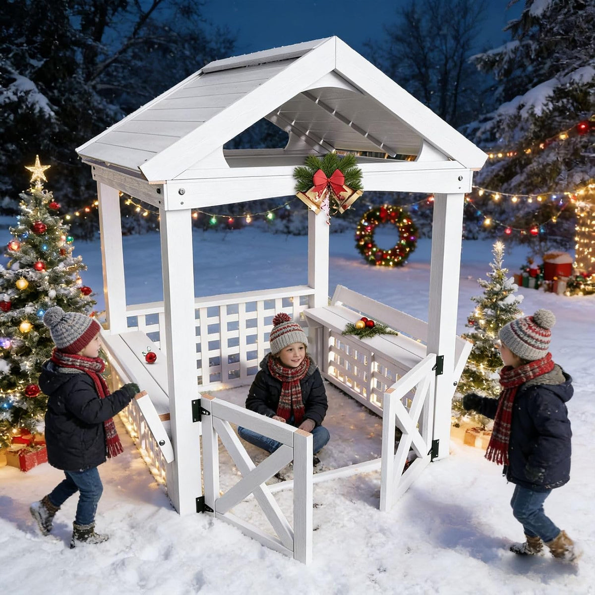 Large White Outdoor Wooden Playhouse for Kids, Weather-Resistant Cedar Fir Wood Backyard Cottage with Bench, Ultimate to Place Near Your White Christmas Tree,
