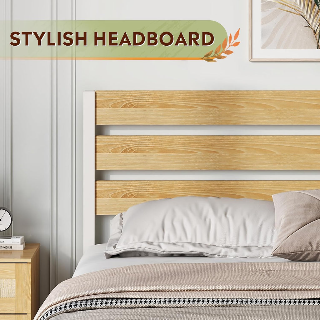 Queen Bed Frame with Headboard, Metal Platform Bed Frame with Under Bed Storage, 1500LBS Mattress Foundation, No Box Spring Needed, Easy Assembly, Natural Oak