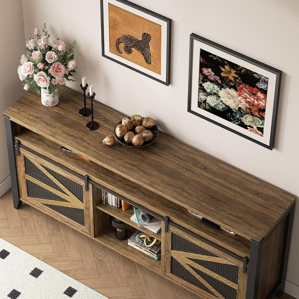 70 Inch TV Stand for TVs up to 70", Rustic Farmhouse Media Console with Sliding Barn Doors, 6 Drawers, Entertainment Center for Living Room