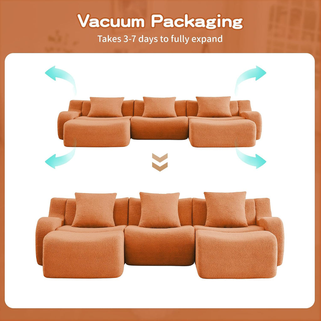 Modular Sectional Sofa for Living Room, 115.3" U-Shaped Orange Boneless Cloud Couch with 2 Ottoman, 3-Seat Teddy Fabric Sofa Deep Seat Curved Armrest,Streamlined Ergonomic Design
