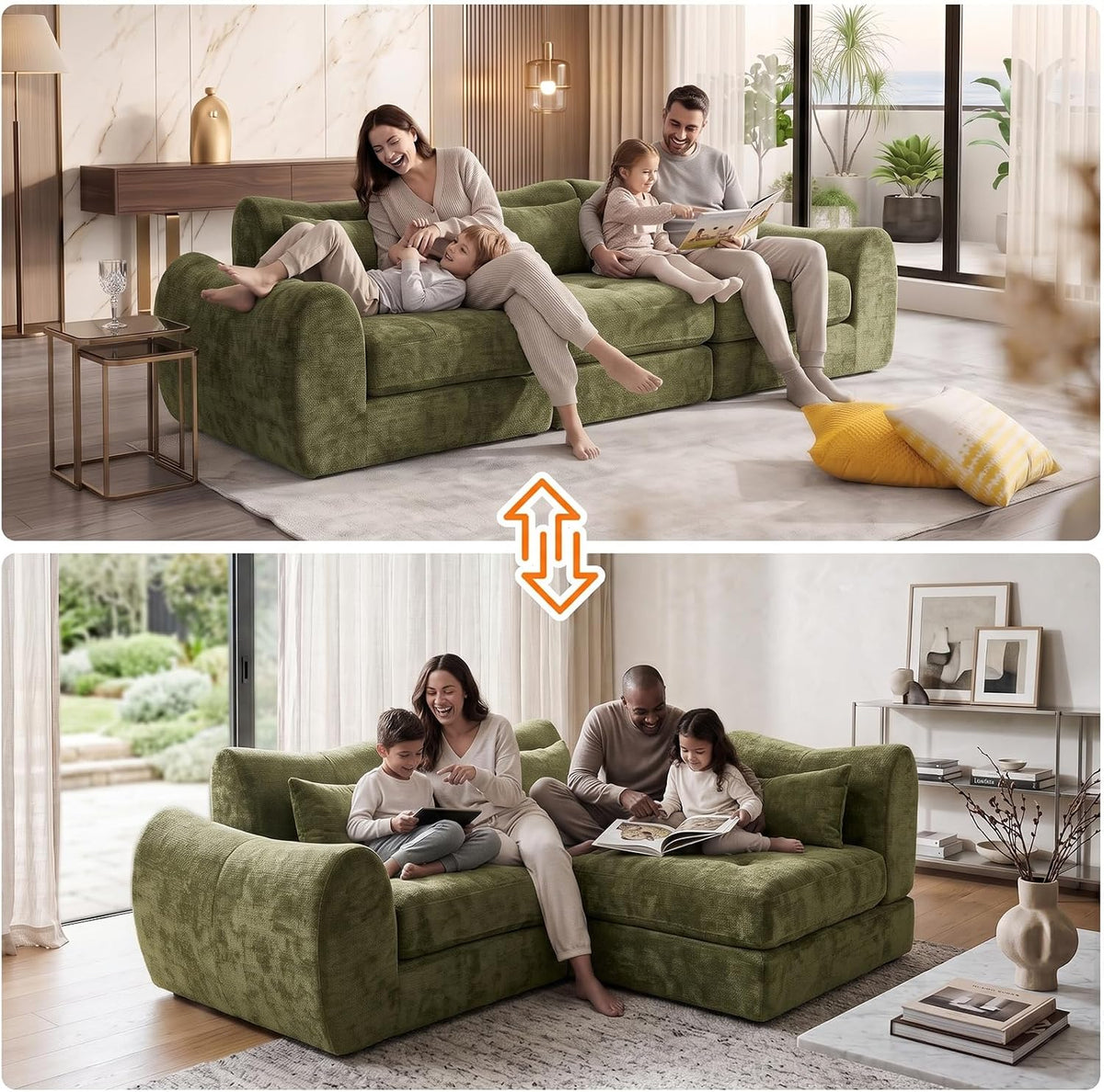 102" Modular Sectional Boneless Couch, Convertible Cloud Sofa Bed with Upholstered Deep Seat, Soft Deep Lounger for Living Room Playroom (Green)