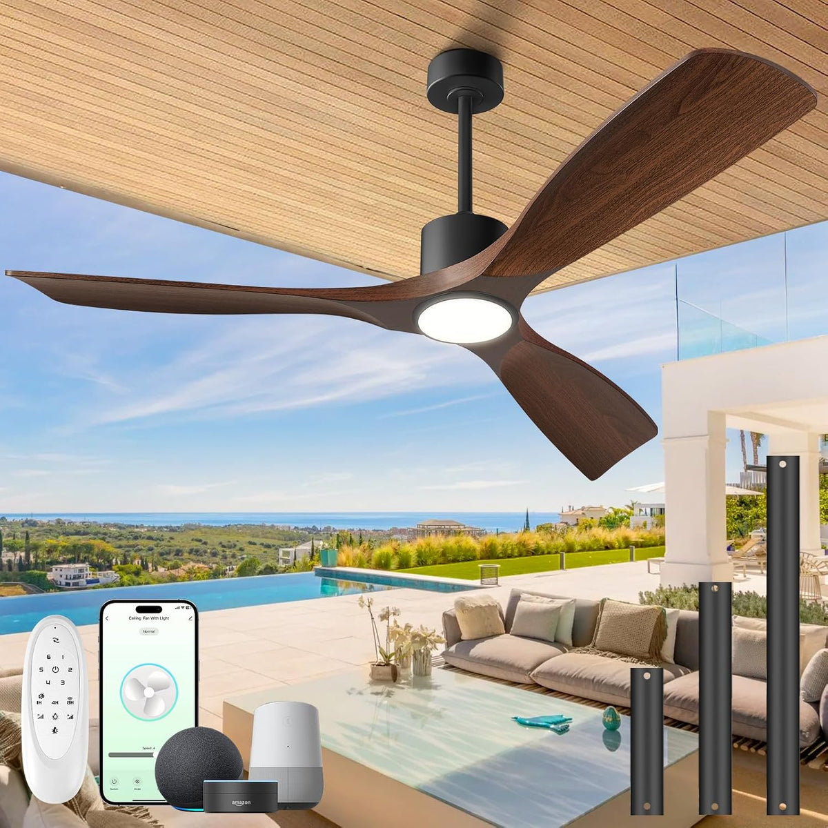 52" Smart Ceiling Fan with Lights,Outdoor Ceiling Fan Compatible with Alexa/App/Remote,3-Color Light 6-Speed Quiet Reversible DC Motor for Patio Porch Living Room,Dark Walnut