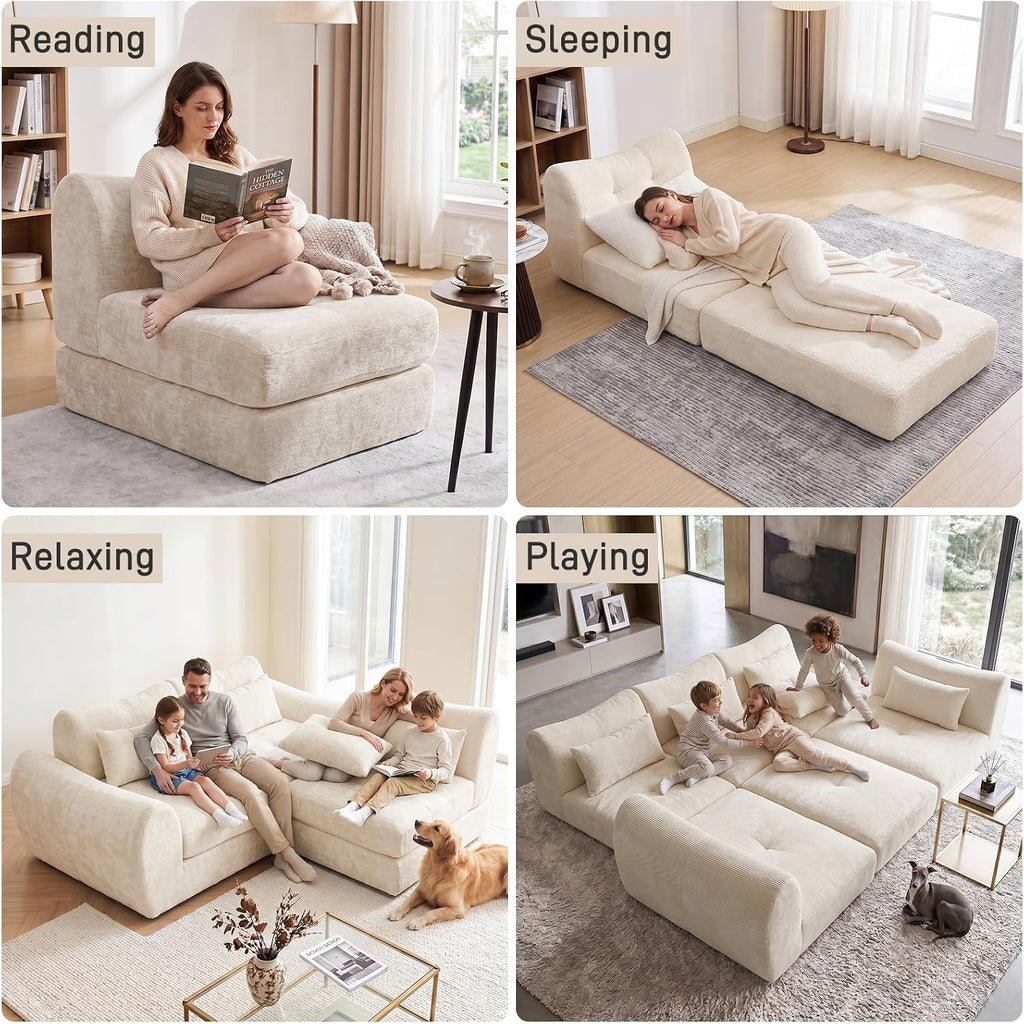 102" Modular Sectional Boneless Couch, Convertible Cloud Sofa Bed with Upholstered Deep Seat, Soft Deep Lounger for Living Room Playroom (Beige)